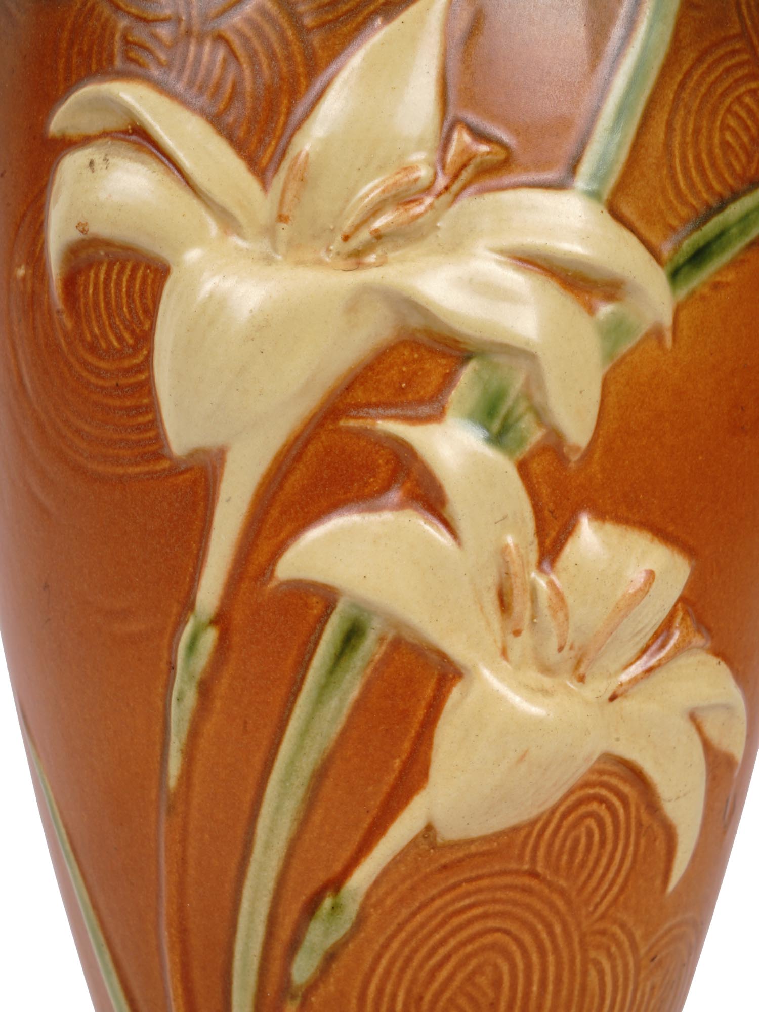 LARGE ROSEVILLE ZEPHYR LILIES BROWN POTTERY VASE PIC-6